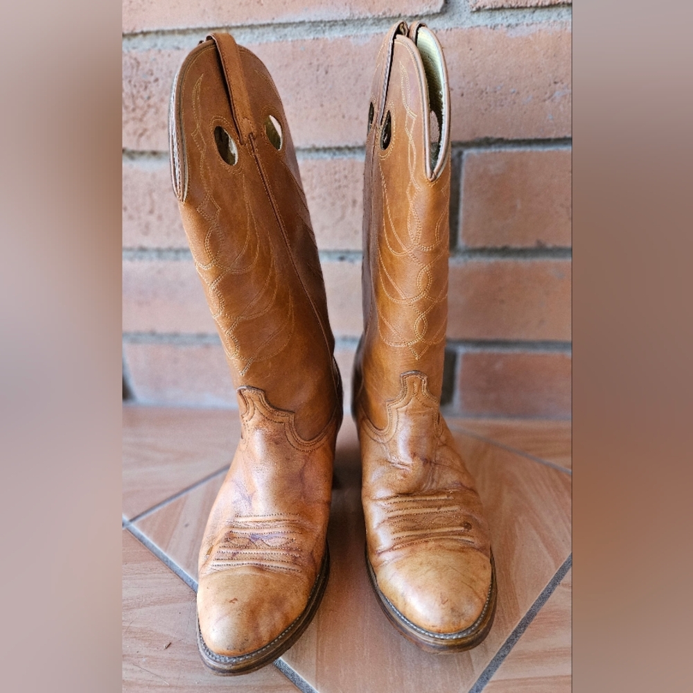 Vintage Acme Cowboy Boots Mens 12D Tan Leather Western Pull-On